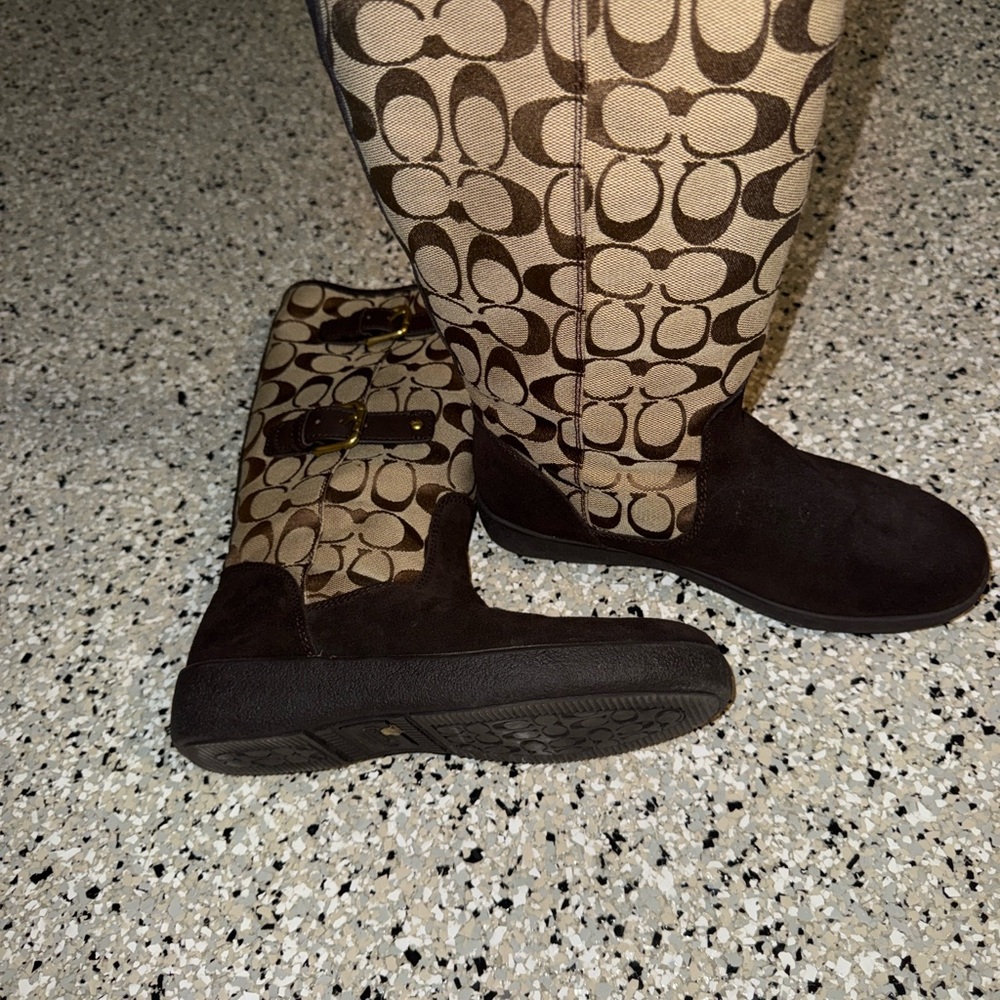 Coach Tinah Brown Leather "C" Logo Pattern Canvas Mid Calf